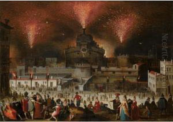 Rome, A View Of The Castel 
Sant'angelo During The 'girandole' With Elegant Figures Watching And 
Promenading In The Foreground Oil Painting by Louis de Caullery