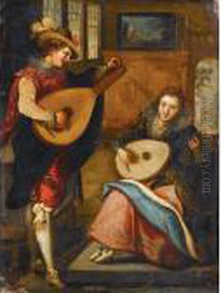 An Elegant Interior With A Lady And A Gentleman Playing Lutes Oil Painting by Louis de Caullery