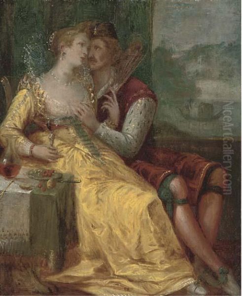 A Couple Courting In An Interior Oil Painting by Louis de Caullery