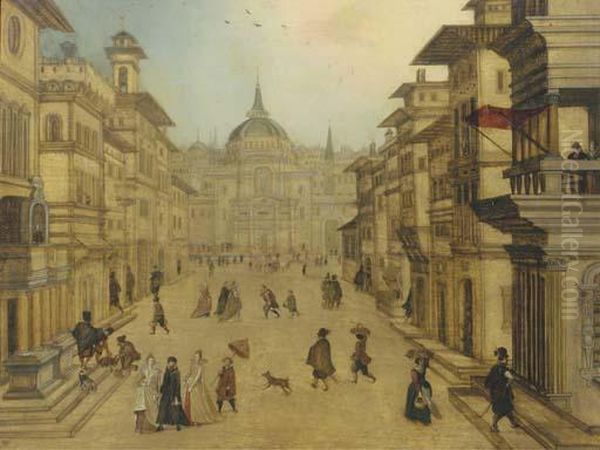 Elegant Figures Strolling In A Renaissance Town Oil Painting by Louis de Caullery