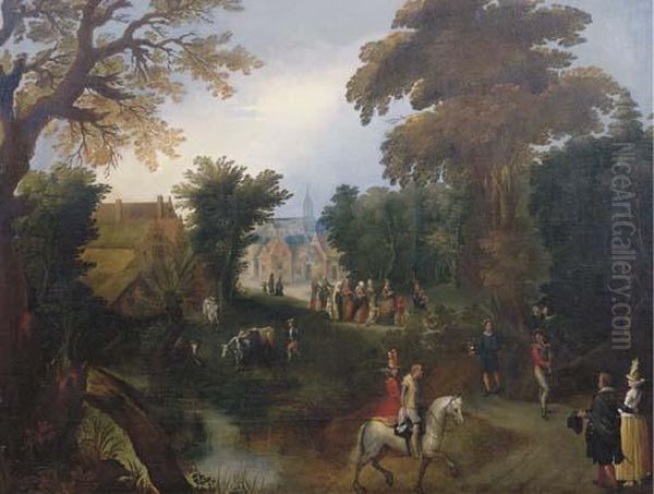 A Wooded Landscape With Elegant 
Company On A Path, The Procession Of The Bride In A Village Beyond Oil Painting by Louis de Caullery