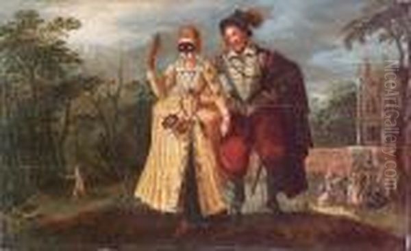 An Elegant Couple Dressed For A Masked Ball Oil Painting by Louis de Caullery