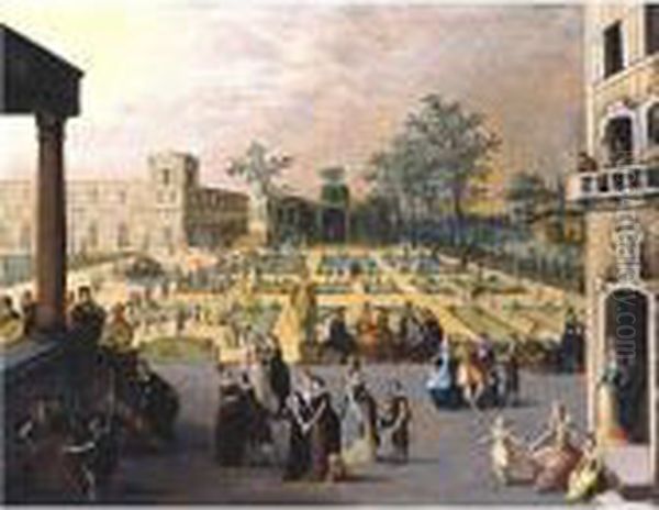 Elegant Couples In A Palace Courtyard Oil Painting by Louis de Caullery