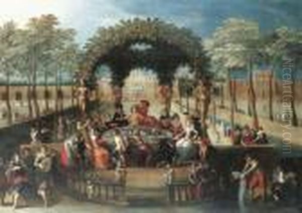 Elegant Figures Dining In A Garden By A Canal Oil Painting by Louis de Caullery