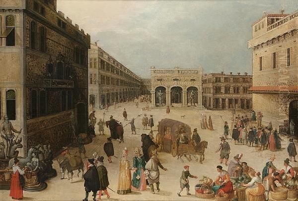 The Piazza Della Signoria, 
Florence, With A Carriage, Numerous Elegant Figures And Townsfolk 
Selling Their Wares Oil Painting by Louis de Caullery