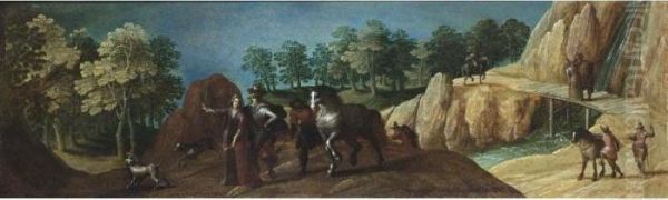 An Elegant Hunting Party In A 
Wooded River Landscape, Other Figures And Horses In The Background Near A
 Waterfall Oil Painting by Louis de Caullery