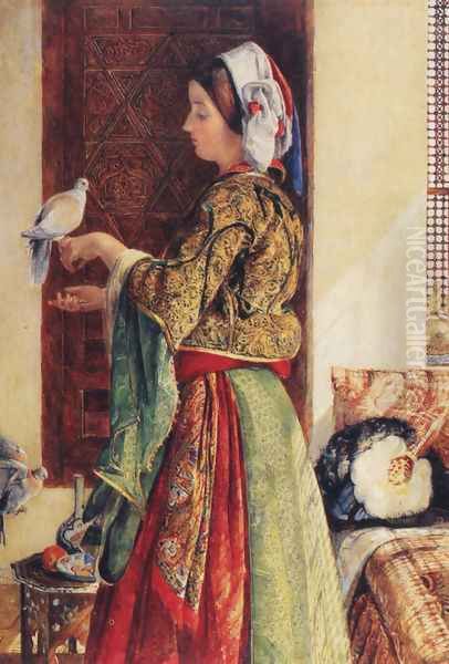 Girl with Two Caged Doves Oil Painting by John Frederick Lewis