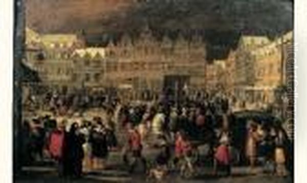 Scene De Carnaval En Hiver Sur La Place D'une Ville Flamande Oil Painting by Louis de Caullery