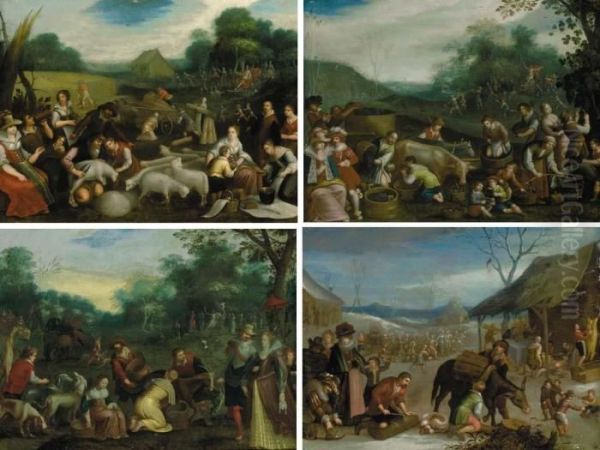 The Four Seasons, With Triumphs Of The Seasons In The Backgrounds Oil Painting by Louis de Caullery