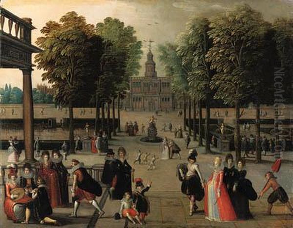 An Elegant Company In A Park With A Boating Lake And Formal Garden,a Palace Beyond Oil Painting by Louis de Caullery