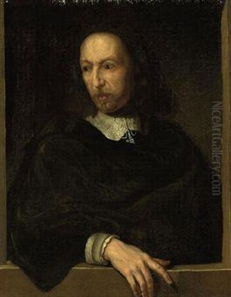 Self-portrait Of The Artist, 
Half-length, In A Black Cloak, Hisright Hand Resting On A Ledge Oil Painting by Philippe de Champaigne