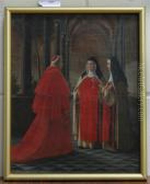 Cardinal In Conversation With Two Nuns In A Cloister Oil Painting by Philippe de Champaigne