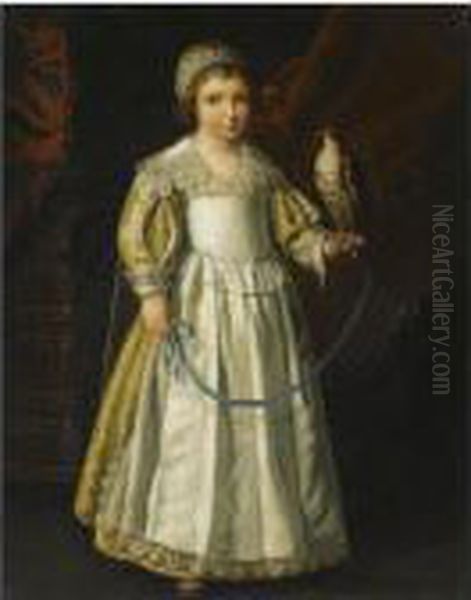 Portrait Of A Anne-marie De Chevreuse, Full Length, Holding A Falcon Aged Five Years Old Oil Painting by Philippe de Champaigne