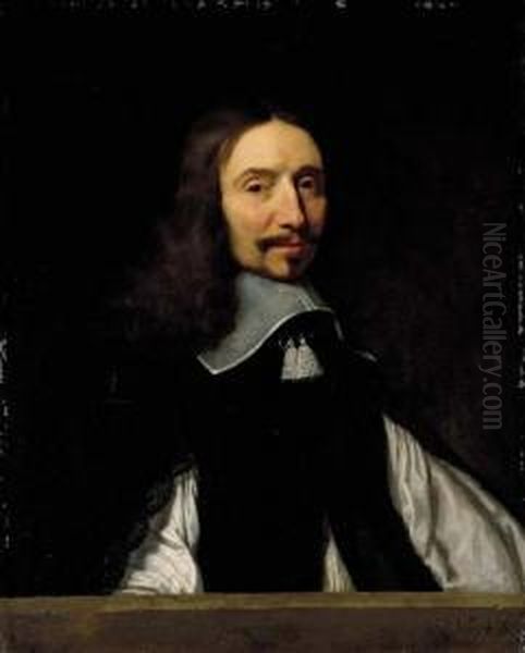 Portrait Of A Gentleman, 
Presumably The Academician, Vincent Voiture, Bust-length, In A Black 
Doublet With Slashed Sleeves, At A Stone Ledge Oil Painting by Philippe de Champaigne