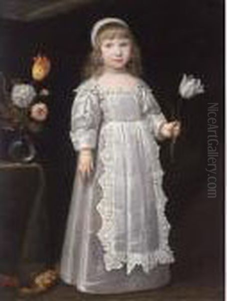 A Portrait Of A Young Girl, 
Standing Full-length, Wearing A White Dress With An Apron Set With Lace 
And A White Bonnet, Holding A Tulip In Her Left Hand, A Vase With 
Flowers Beside Her On A Table Oil Painting by Philippe de Champaigne