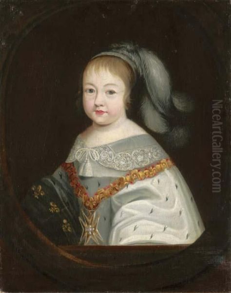 Portrait Of The Infant King 
Louis Xiv, Bust-length, With The Collarof The Order Of The Saint Esprit,
 In A Feigned Oval Oil Painting by Philippe de Champaigne