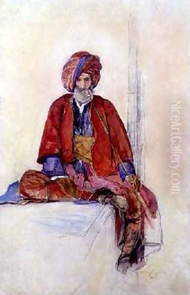 Study of a seated Turk smoking a long pipe Oil Painting by John Frederick Lewis