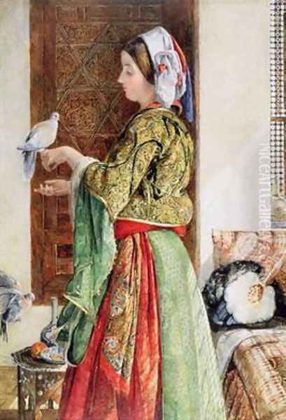 Girl with Two Caged Doves Cairo Oil Painting by John Frederick Lewis