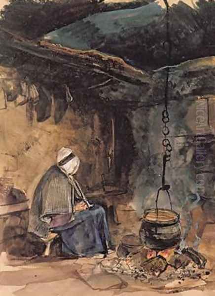 Watching the pot boil a cottage interior Oil Painting by John Frederick Lewis