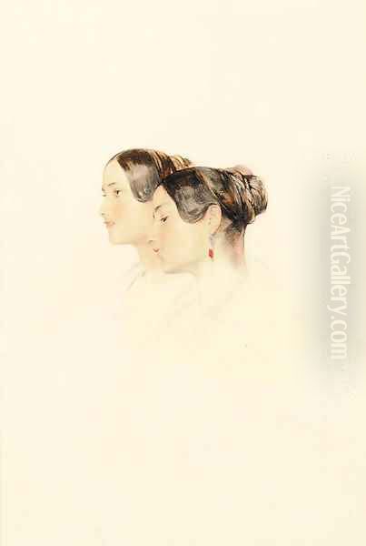 Head study of two young women, looking to the left Oil Painting by John Frederick Lewis