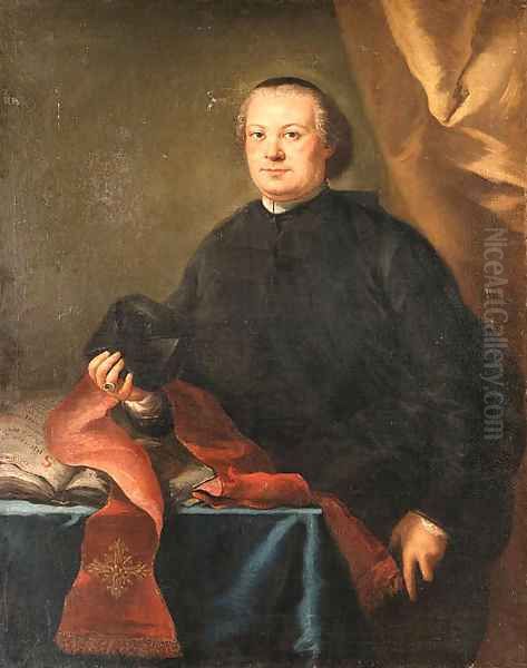 Portrait of a Prelate, three-quarter length, in a black cassock, holding a biretta, by a table in a draped interior Oil Painting by Alessandro Longhi