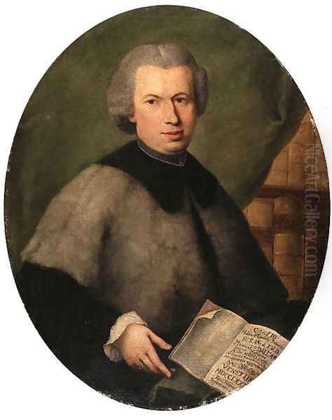 Portrait of Monsignor Francesco Dall'Acqua, half length, wearing a grey cloak and holding a copy of his book, in a library Oil Painting by Alessandro Longhi