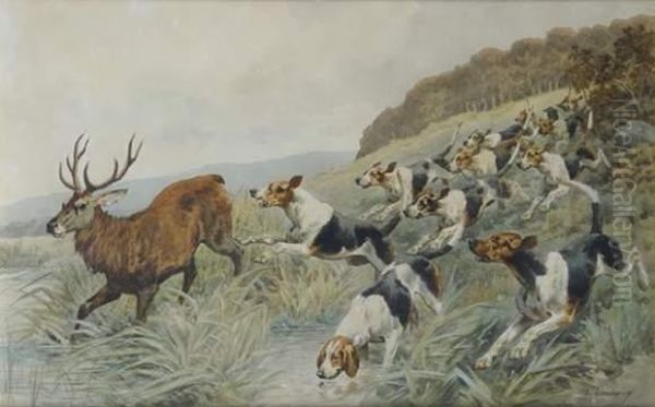 Cerf Hallali Courant Et Chiens Oil Painting by Charles Fernand de Condamy