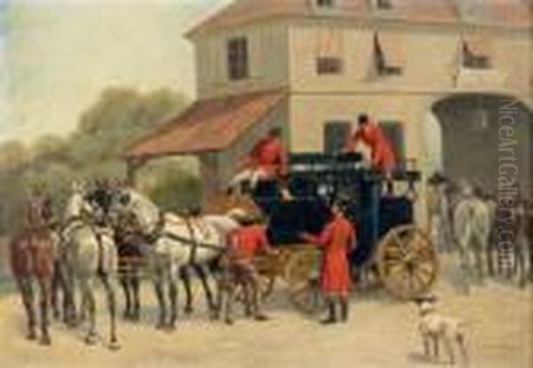 Attelage Devant L'hotel De La Poste Oil Painting by Charles Fernand de Condamy