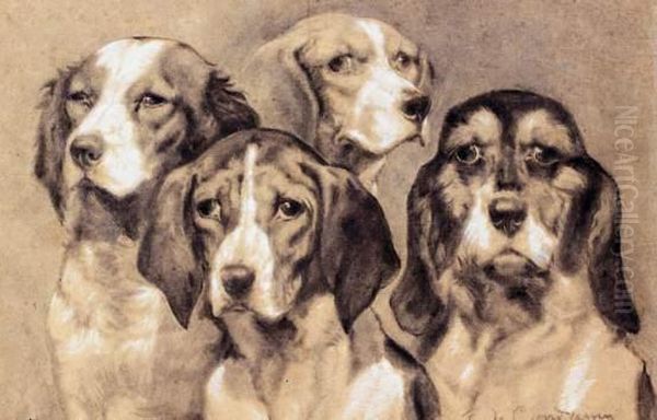 Quatre Chiens De Chasse Oil Painting by Charles Fernand de Condamy