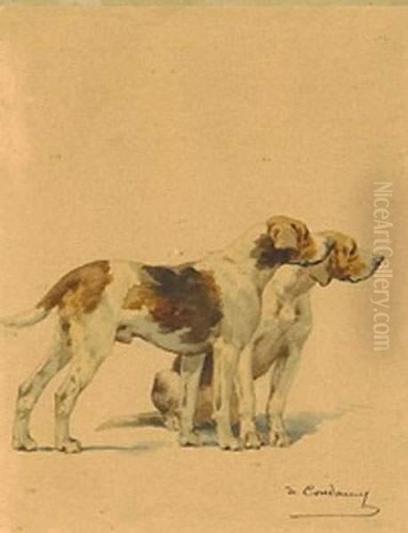 . <les Deux Chiens De Meute>. Oil Painting by Charles Fernand de Condamy