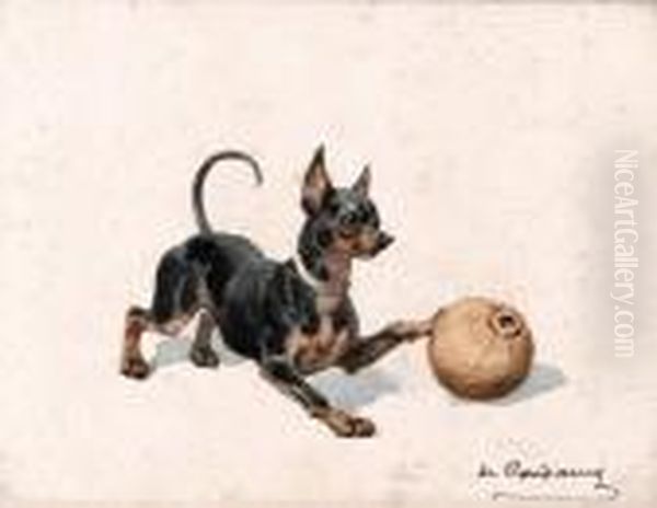 < Chien A La Balle >. Oil Painting by Charles Fernand de Condamy