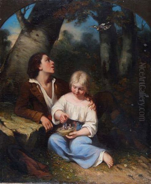 Two Figures With A Nest Of Fledglings Seated Under A Tree Oil Painting by Charles Fernand de Condamy