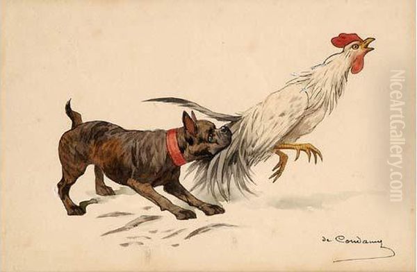 Le Bouledogue Et Le Coq Oil Painting by Charles Fernand de Condamy