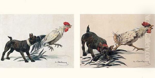 Bouledog Francais Attrapant Un Coq Oil Painting by Charles Fernand de Condamy