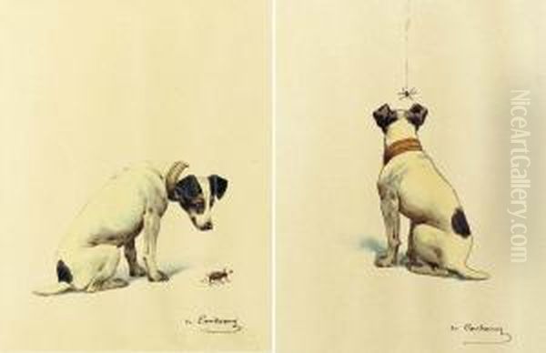 Jack Russell Terriers With Insects Oil Painting by Charles Fernand de Condamy