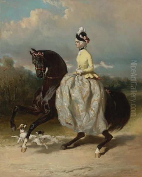 Femme En Costume Marie Antoinette Sur Un Cheval Caracolant Oil Painting by Alfred De Dreux