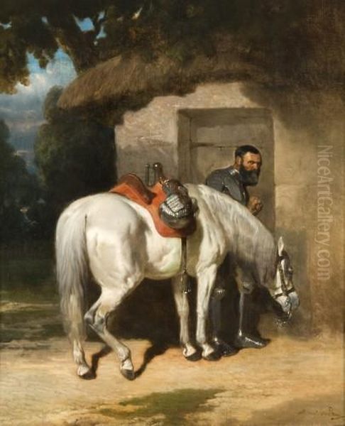 Reitre Et Son Cheval Devant Une Maison Oil Painting by Alfred De Dreux