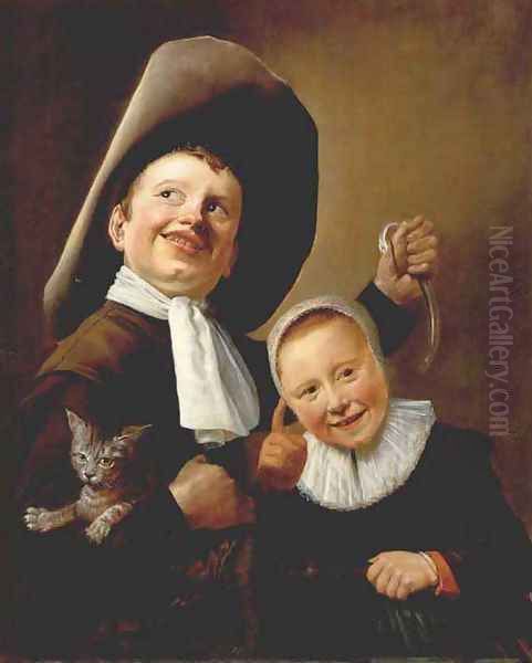 A Boy and a Girl with a Cat and an Eel Oil Painting by Judith Leyster