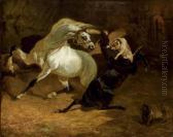 Deux Etalons Attaques Par Un Chien Oil Painting by Alfred De Dreux