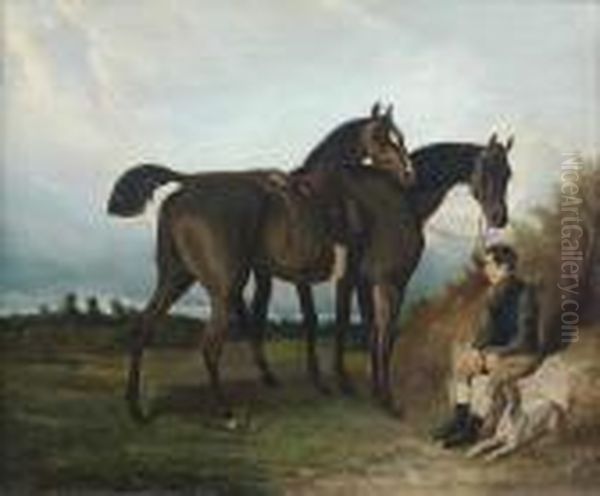 Lad Et Ses Chevaux Oil Painting by Alfred De Dreux