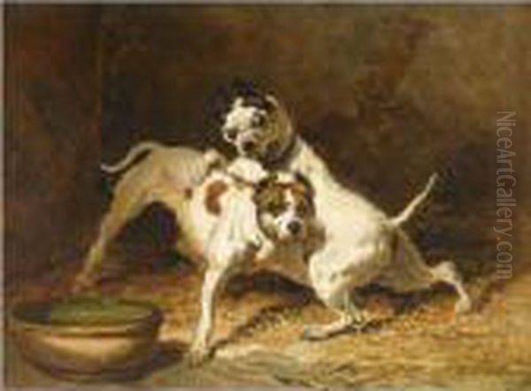 Deux Dogues Jouant Devant Une Ecuelle Oil Painting by Alfred De Dreux