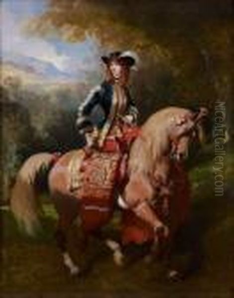 Amazone En Bleu, Cheval A Pompom Oil Painting by Alfred De Dreux