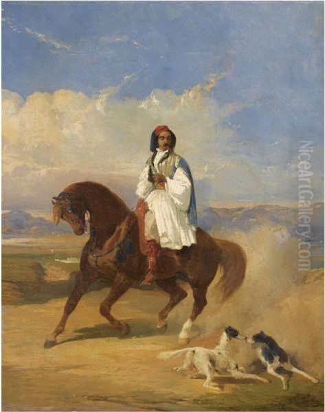 Greek Soldier On Horseback Oil Painting by Alfred De Dreux