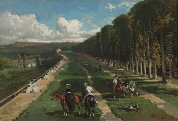 L'allee Cavaliere Sur Las Terrasse De Saint-germain Oil Painting by Alfred De Dreux