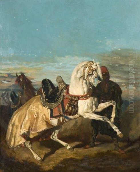 Cheval Gris Tenus Par Un Nubien Oil Painting by Alfred De Dreux