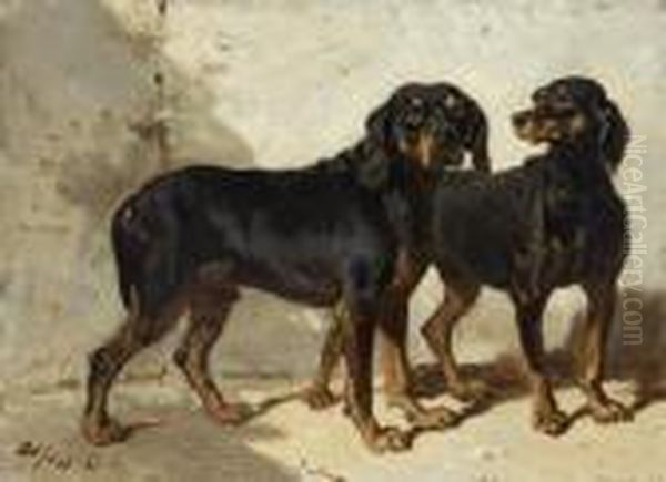 Deux Chiens Devant Un Mur Oil Painting by Alfred De Dreux