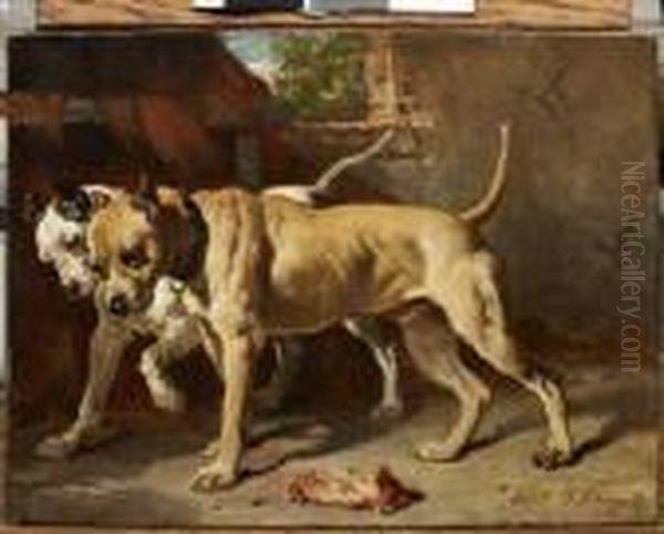 Ux Chiens Au Morceau De Viande Oil Painting by Alfred De Dreux