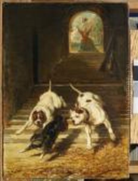 Deux Chiens Poursuivant Un Chat Oil Painting by Alfred De Dreux