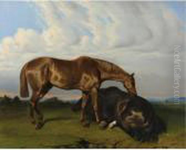 Two Horses In A Landscape Oil Painting by Alfred De Dreux