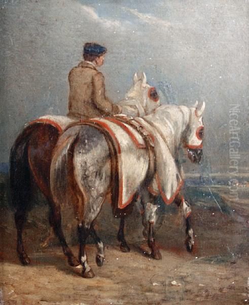 A Groom Leading Two Horses Oil Painting by Alfred De Dreux